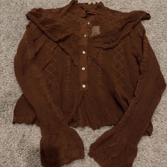Zara Brown Lace Ruffle Blouse - Picture 2 of 3